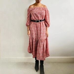 Asos red off shoulder midi dress